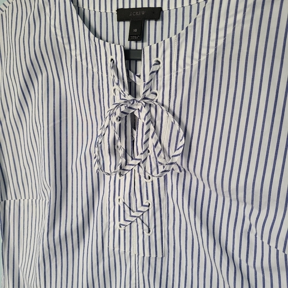 J.Crew Dress Women's XS Blue White Striped Lace-Up Casual Chic Mini - Picture 3 of 7